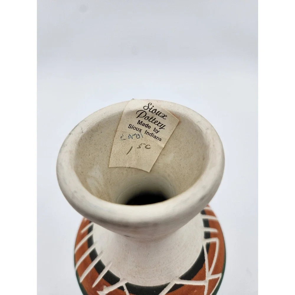 Signed Vintage Sioux Native American Pottery Vase  with paper insert